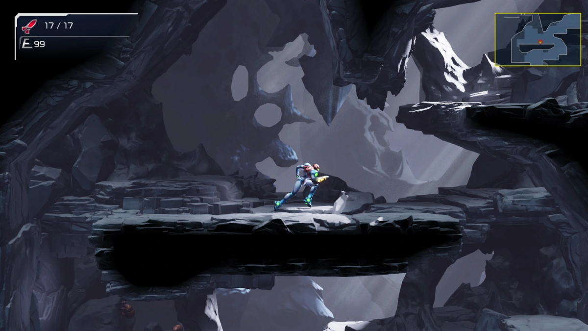 Samus dodging an enemy in an organic corridor in Metroid Dread
