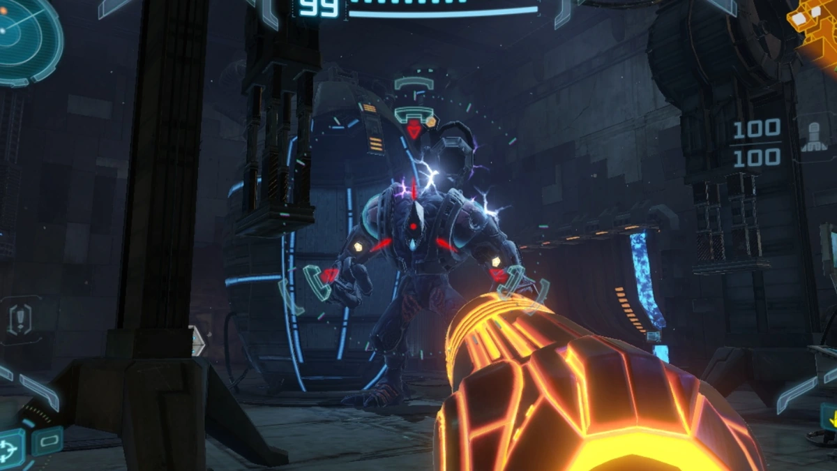 First-person Samus in an alien tunnel in Metroid Prime Remastered