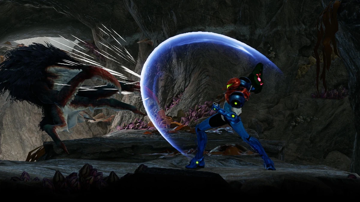 Samus with an energy blade facing Sylux in Metroid Ravenous