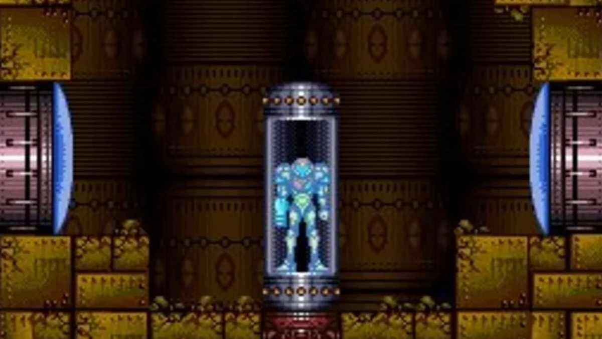 Pixel-art Samus in a Zebes cavern in Super Metroid
