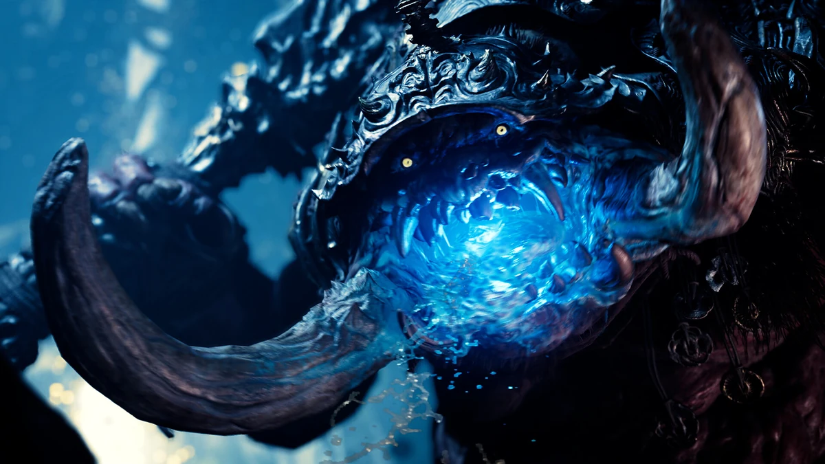 Armored horned Genma spewing blue energy from its mouth