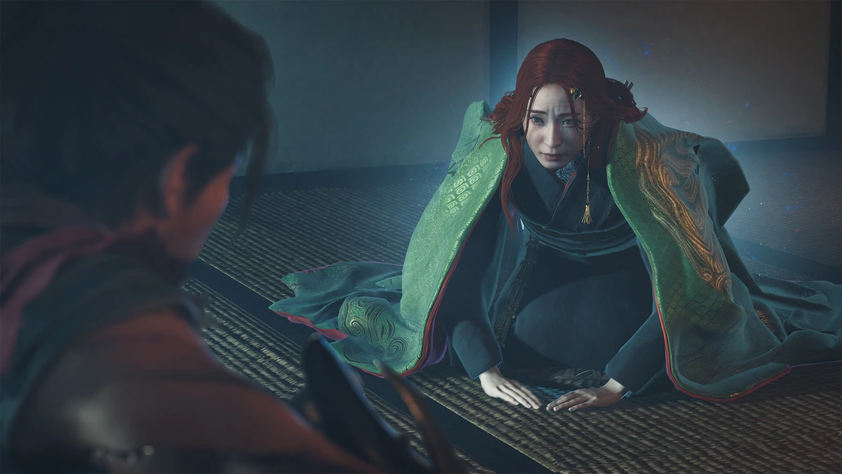 Red-haired woman kneeling on tatami in a green kimono in a cinematic scene