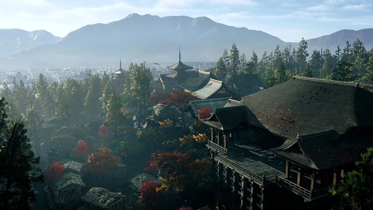 Kyoto vista with Kiyomizu-dera temple, pagodas, and autumn foliage in the mist