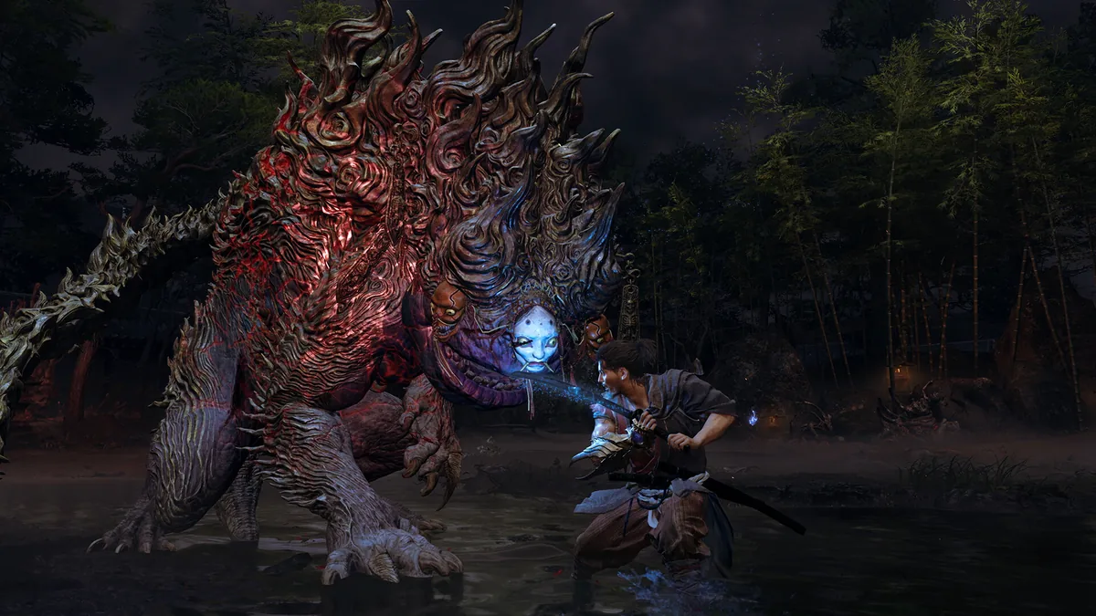 Musashi on guard with a glowing blue katana facing a giant masked Genma in shallow water