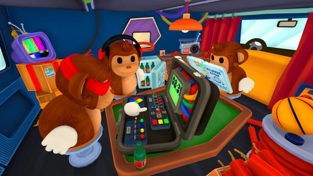 Three monkeys inside a van defusing the briefcase bomb with timer and open manual