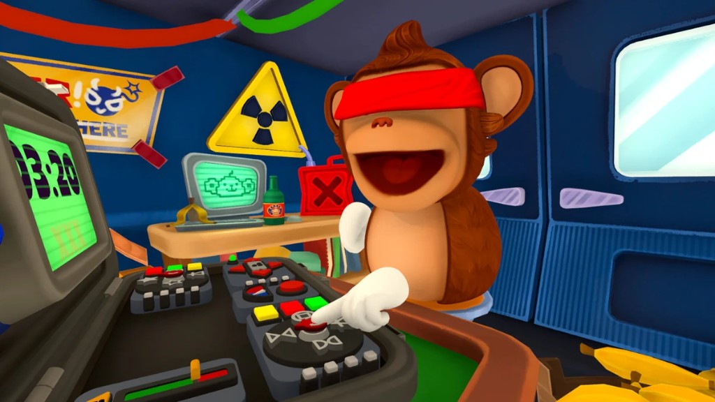 Red-blindfolded monkey pointing at a bomb in a briefcase with a timer in BOMBANANA!