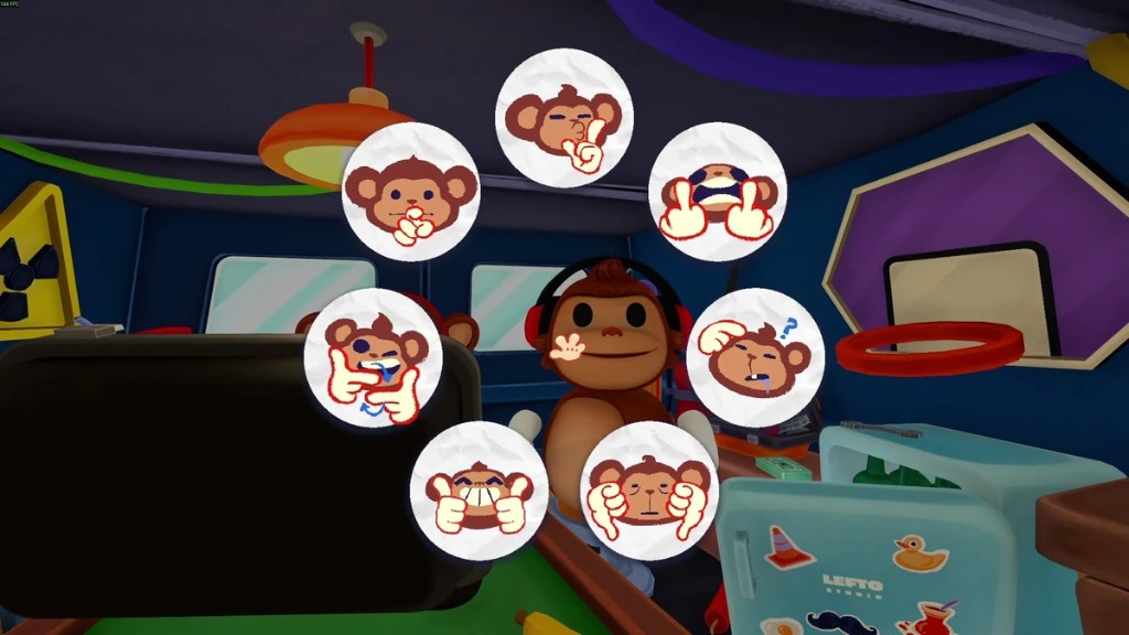 Emote wheel with monkey gestures over a headphone-wearing character inside the vehicle