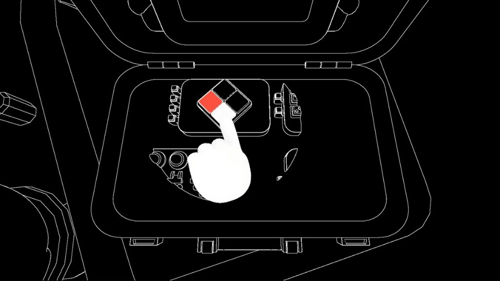 Black-and-white puzzle module with a hand pointing at buttons on the bomb